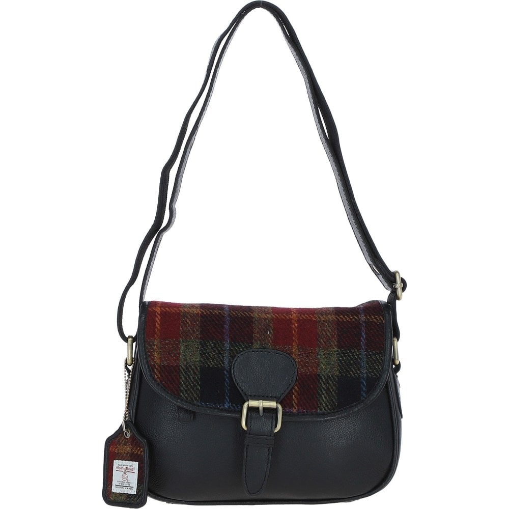 Crossbody Bag in Black Ashwood Leather and Harris Tweed Scotland - Autumn Check