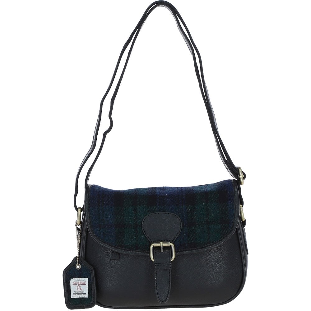 Crossbody Bag in Black Ashwood Leather and Harris Tweed Scotland - Black Watch
