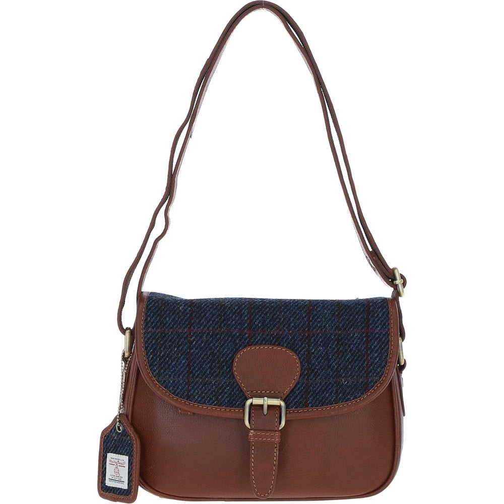 Crossbody Bag in Tan Ashwood Leather with Harris Tweed Scotland - Navy Overcheck | Harris Tweed Scotland