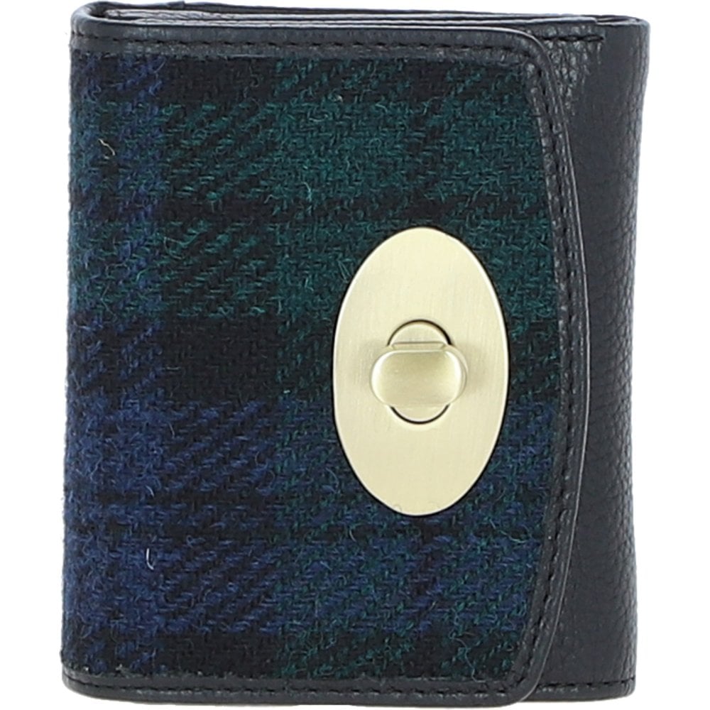 Real Leather Fairlie Small Trifold Purse RFID Protected with Brass Twist Lock and Harris Tweed - Black Leather & Black Watch