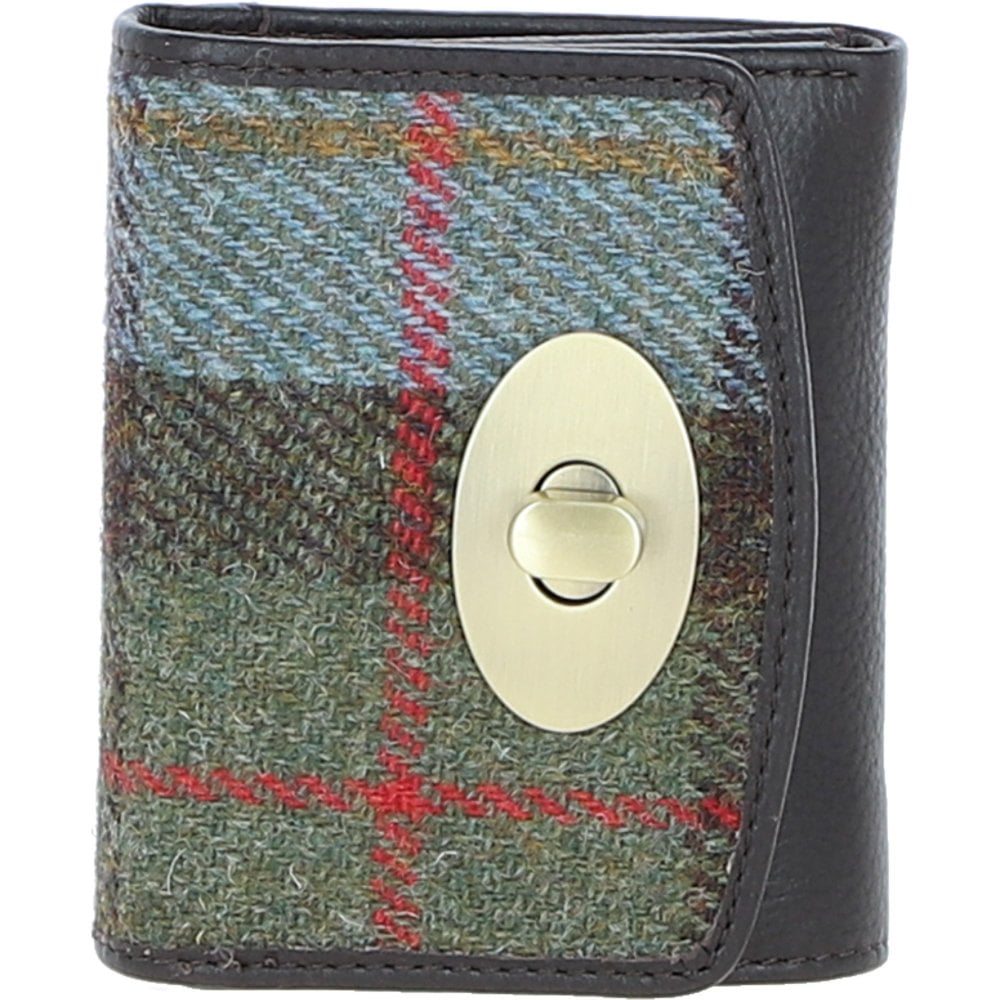 Real Leather Fairlie Small Trifold Purse RFID Protected with Brass Twist Lock and Harris Tweed - Brown Leather & MacLeod Tartan | Harris Tweed Scotland