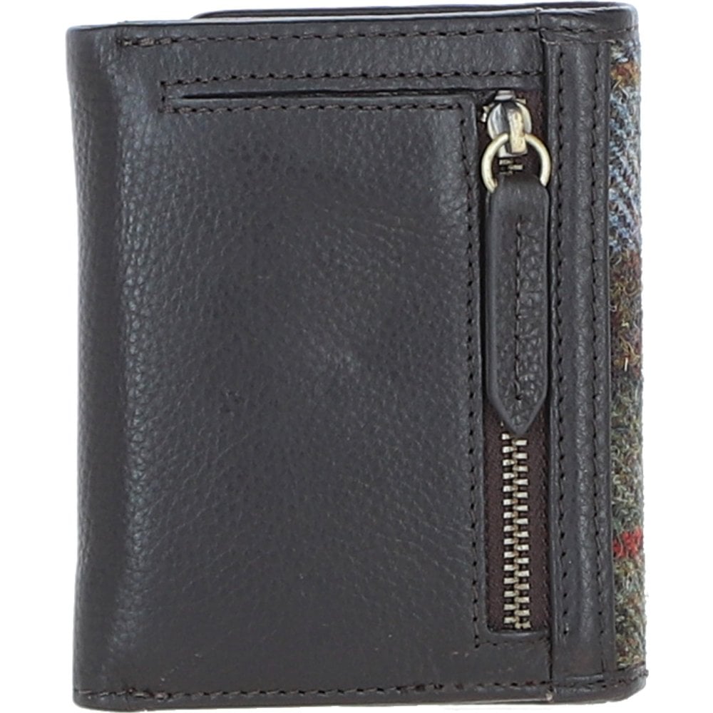 Real Leather Fairlie Small Trifold Purse RFID Protected with Brass Twist Lock and Harris Tweed - Tan Leather & Castle Bay