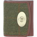 Fairlie Small Brown Leather Trifold Purse with Harris Tweed Country Green Fabric | Harris Tweed Scotland
