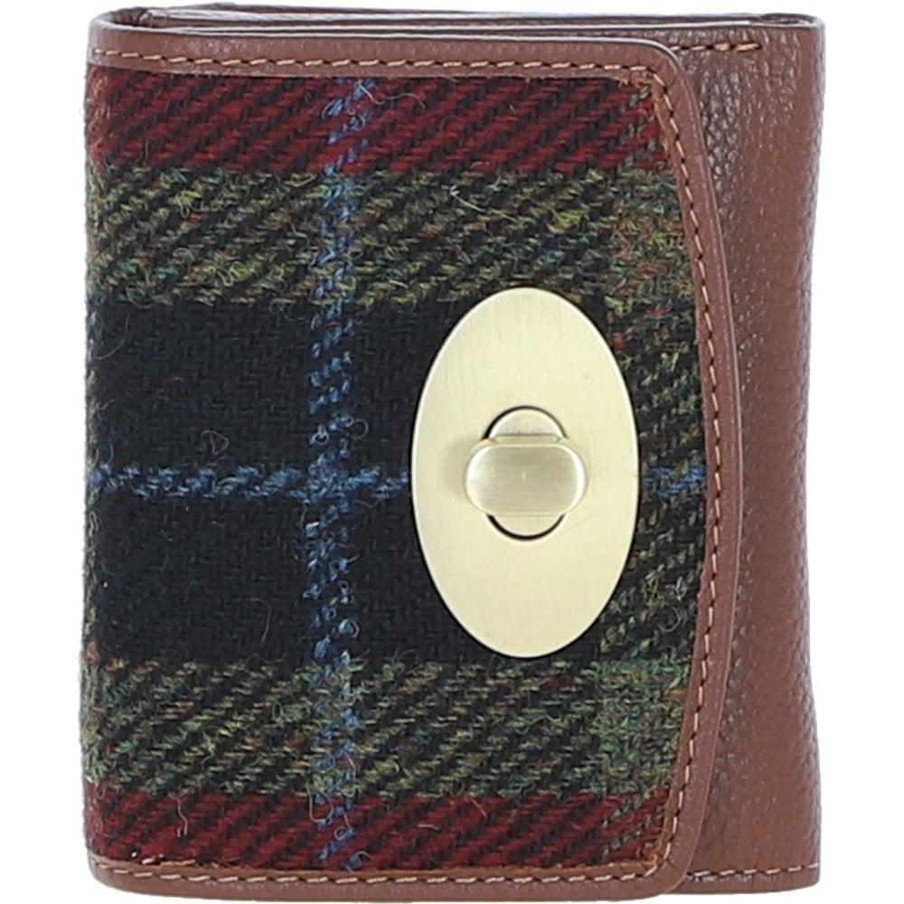 Real Leather Fairlie Small Trifold Purse RFID Protected with Brass Twist Lock and Harris Tweed - Tan Leather & Green Red