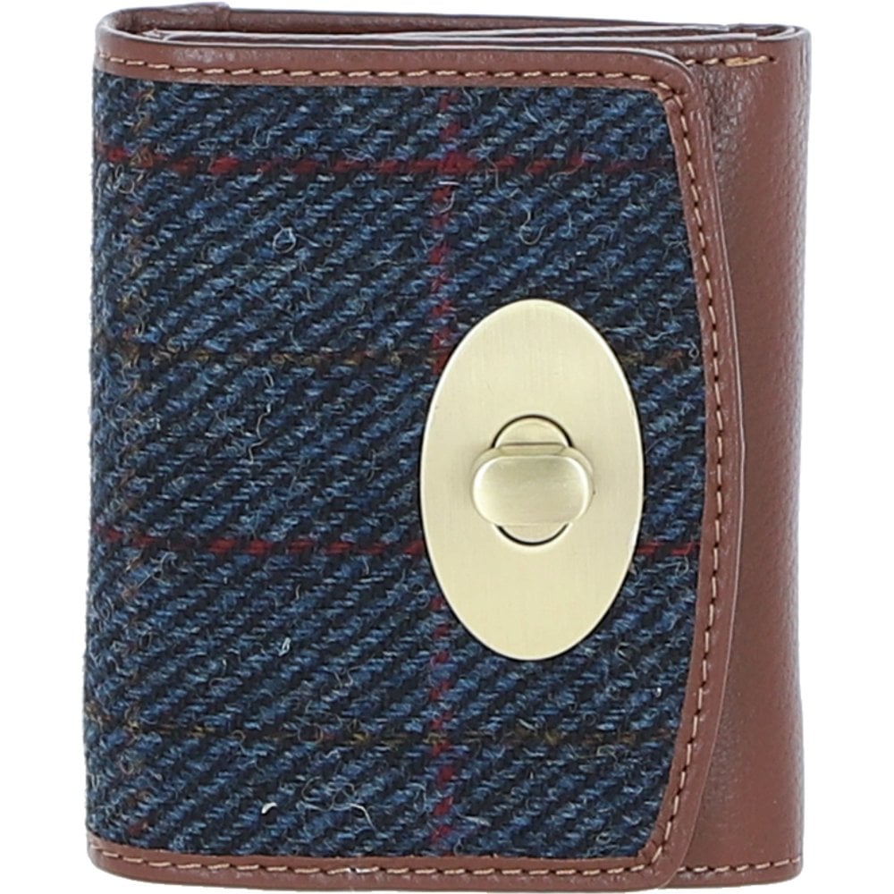 Fairlie Small Brown Leather Trifold Purse with Harris Tweed Navy Blue Fabric