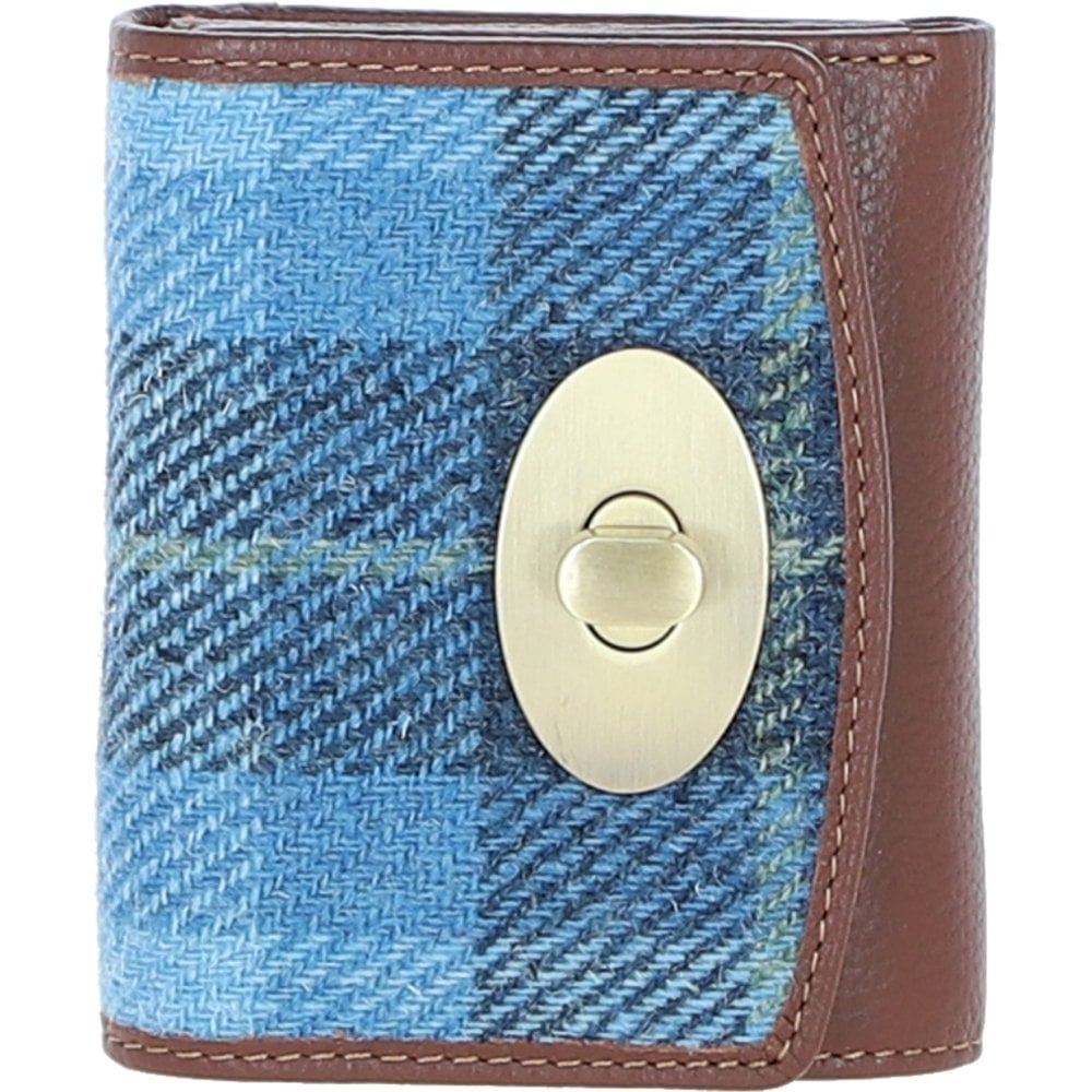 Real Leather Fairlie Small Trifold Purse RFID Protected with Brass Twist Lock and Harris Tweed - Tan Leather & Castle Bay