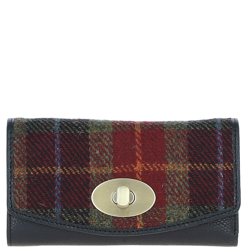 Cumbrae Large Black Leather Purse with Harris Tweed Brown, Burgundy & Green Check Fabric | Harris Tweed Scotland