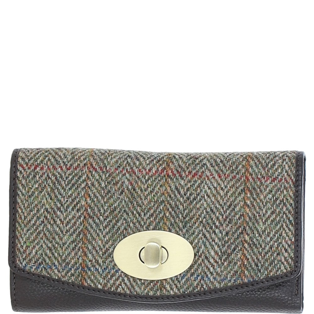 Real Leather Cumbrae Large Purse RFID Protected with Brass Twist Lock with Harris Tweed - Brown Leather & Green