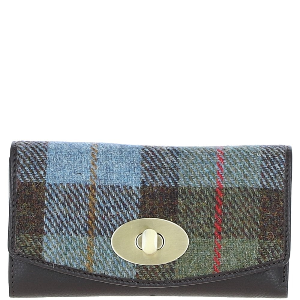 Real Leather Cumbrae Large Purse RFID Protected with Brass Twist Lock with Harris Tweed - Brown Leather & MacLeod