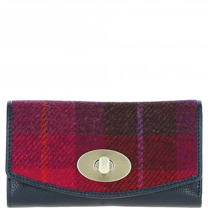 Cumbrae Large Navy Leather Purse with Harris Tweed Purple & Burgundy Check Fabric | Harris Tweed Scotland