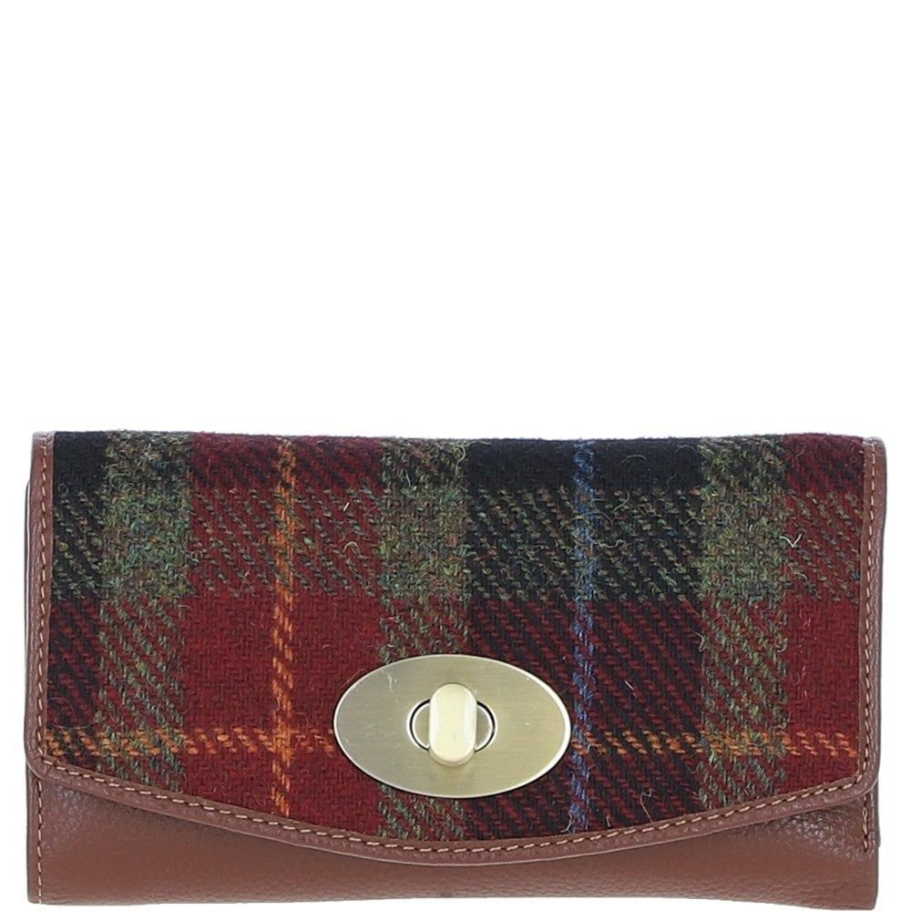 Real Leather Cumbrae Large Purse RFID Protected with Brass Twist Lock with Harris Tweed - Tan Leather & Green Red