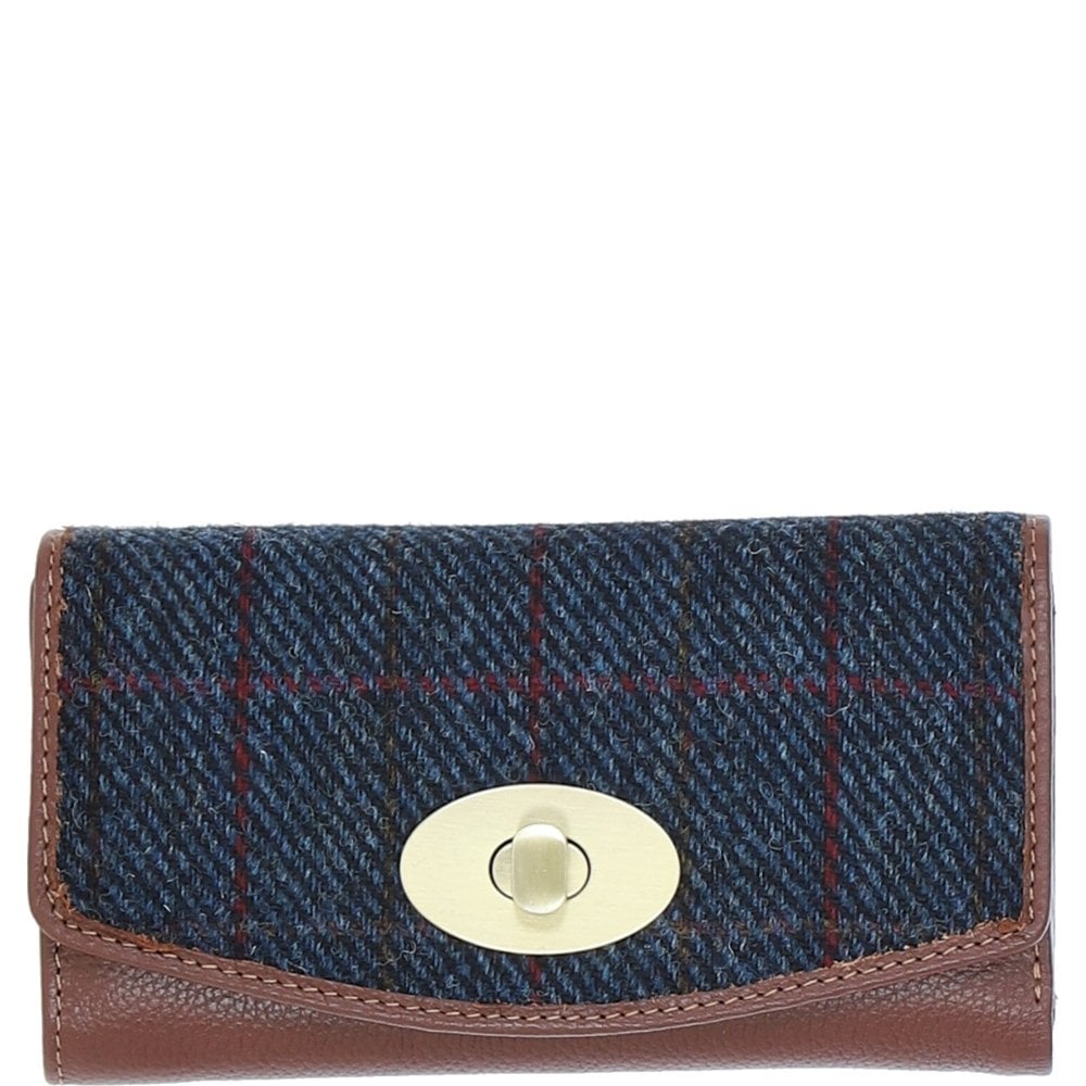 Real Leather Cumbrae Large Purse RFID Protected with Brass Twist Lock with Harris Tweed - Tan Leather & Navy