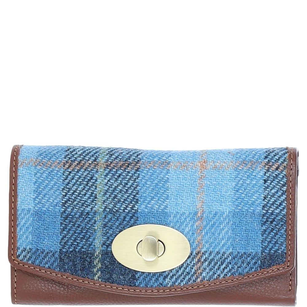 Real Leather Cumbrae Large Purse RFID Protected with Brass Twist Lock with Harris Tweed - Tan Leather & Castle Bay
