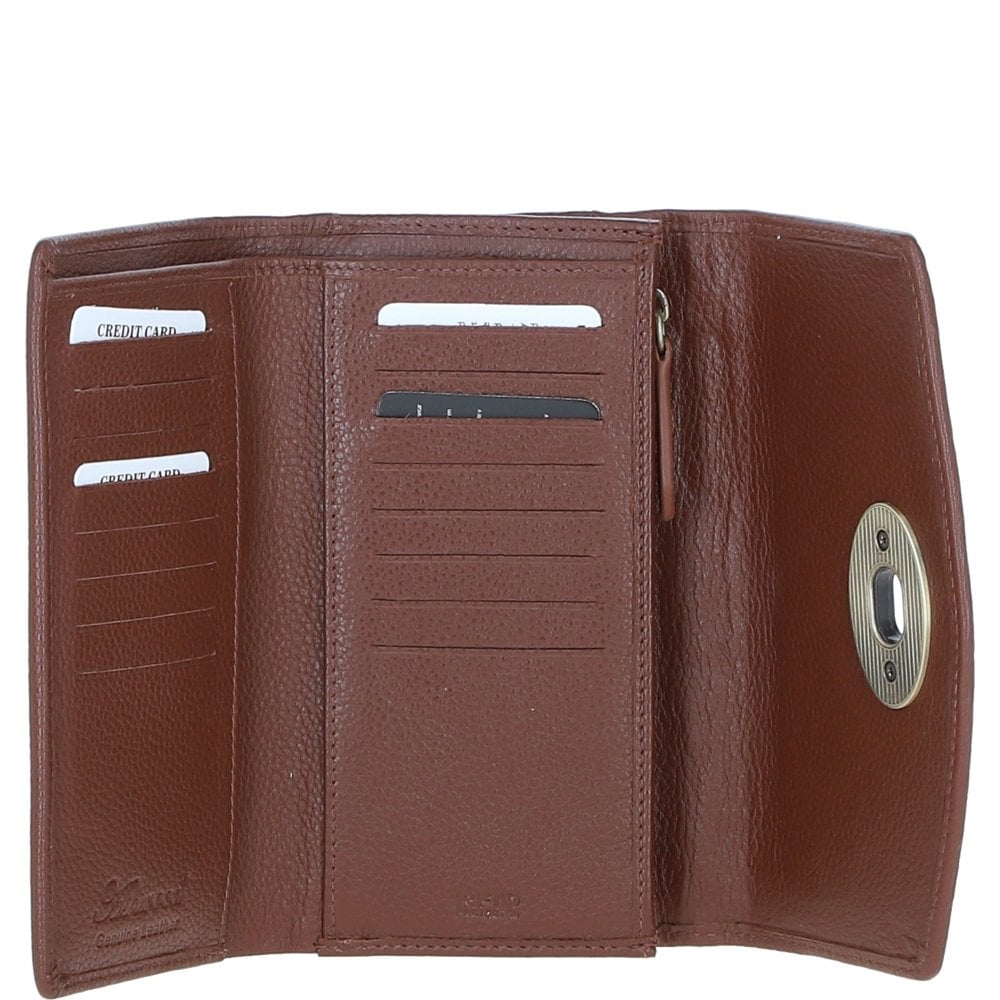 Real Leather Cumbrae Large Purse RFID Protected with Brass Twist Lock with Harris Tweed - Tan Leather & Green Check