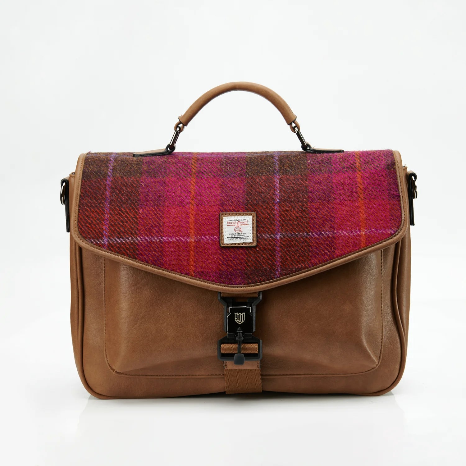 Islander Laptop Bag in Brown Faux Leather & Harris Tweed Burgundy Purple Fuschia Tartan | Harris Tweed Scotland