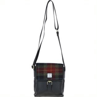Real Leather Loans Man Bag with Harris Tweed Black Leather & Green Red