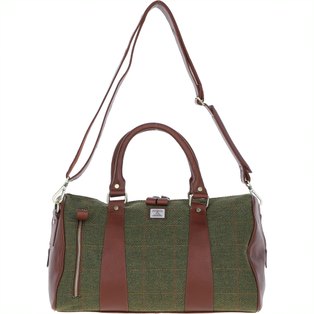 Real Brown Leather Irvine Small Holdall Bag Harris Tweed Green Check Fabric | Harris Tweed Scotland