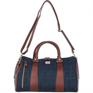 Real Brown Leather Irvine Small Holdall Bag Harris Tweed Navy Blue Fabric | Harris Tweed Scotland