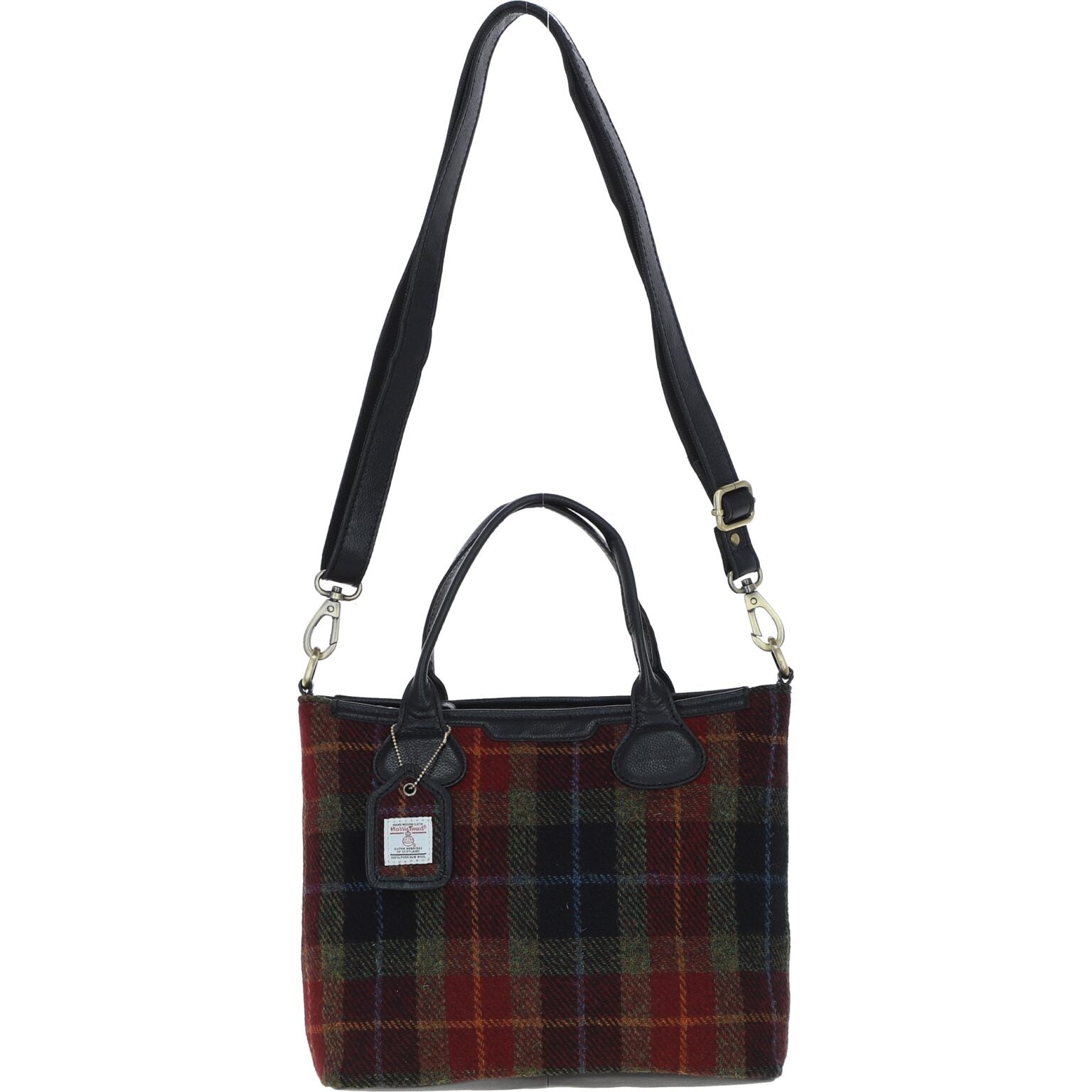 Turnberry Black Leather Shoulder Bag with Harris Tweed Green, Navy Blue & Burgundy Fabric | Harris Tweed Scotland
