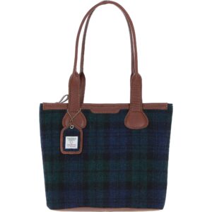 Harris Tweed and Genuine Leather Maidens Shoulder Bag - Tan Leather & Black Watch