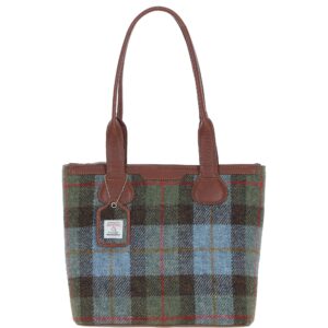 Maidens Tan Leather Shoulder Bag with Harris Tweed Blue, Brown & Green Fabric | Harris Tweed Scotland