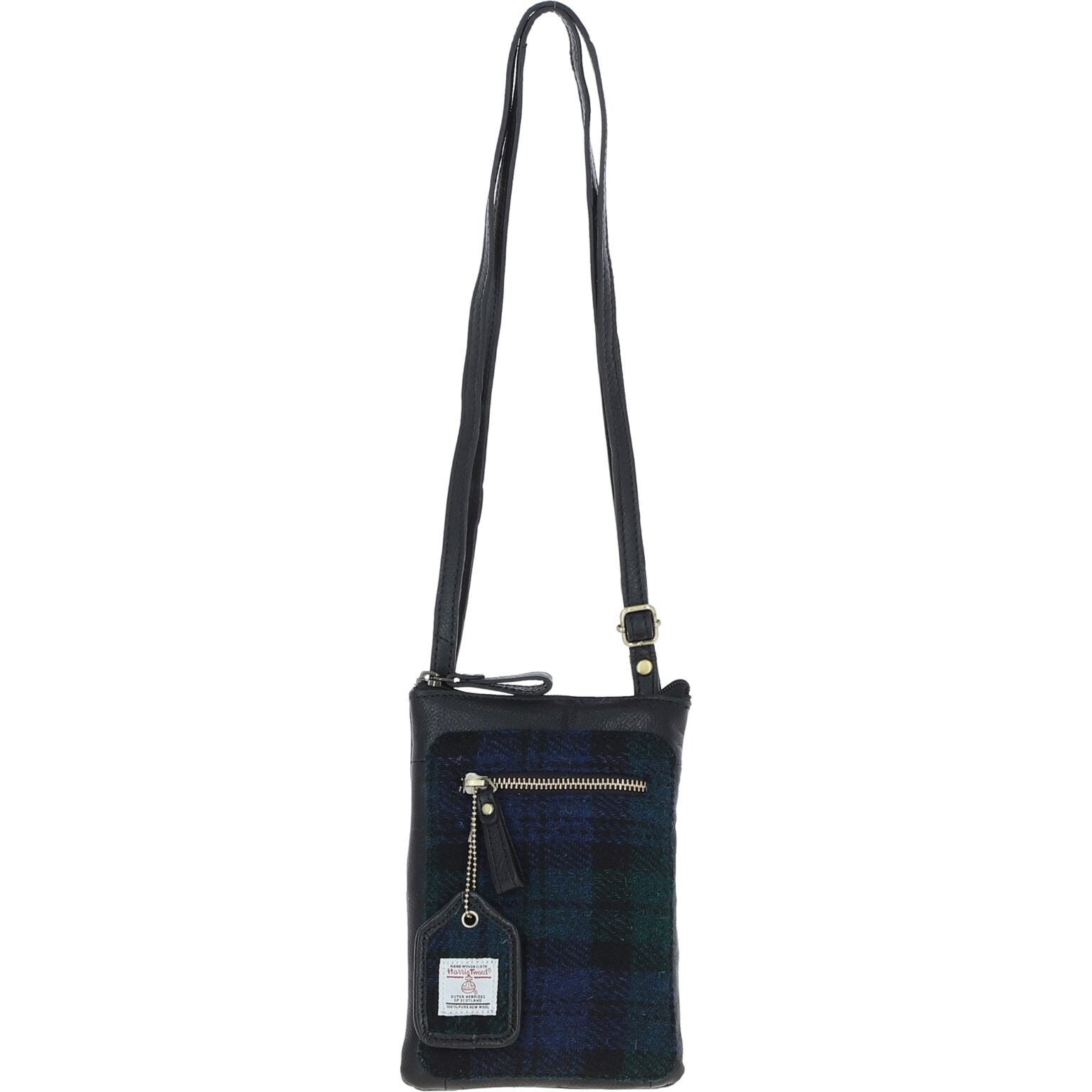 Monkton Black Leather Mini Crossbody Bag with Harris Tweed Navy Blue & Green Fabric | Harris Tweed Scotland