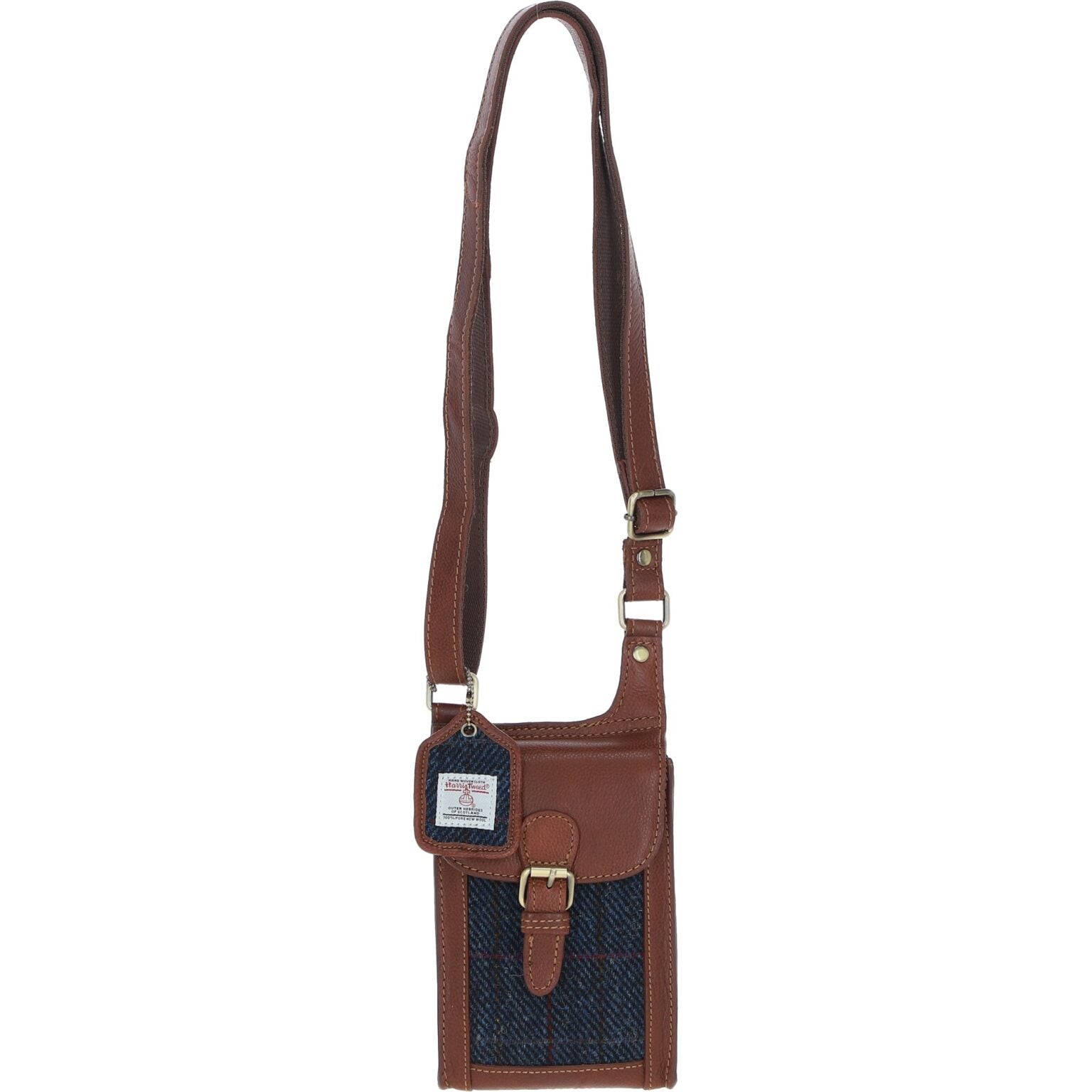 Harris Tweed and Genuine Leather Girvan Baby Crossbody Bag - Tan Leather & Navy