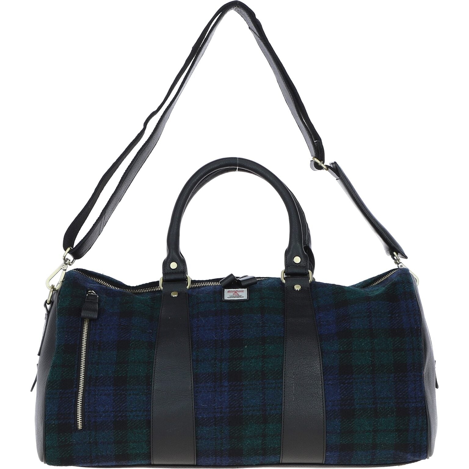 Real Leather Inverness Large Holdall Harris Tweed Black Leather & Black & Blue Watch | Harris Tweed Scotland