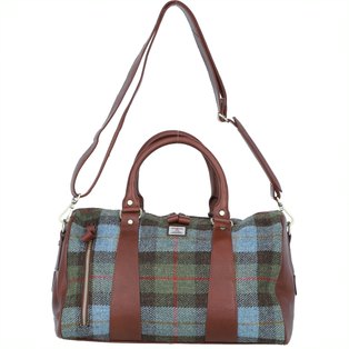 Real Brown Leather Irvine Small Holdall Bag Harris Tweed Blue, Green & Brown MacLeod | Harris Tweed Scotland