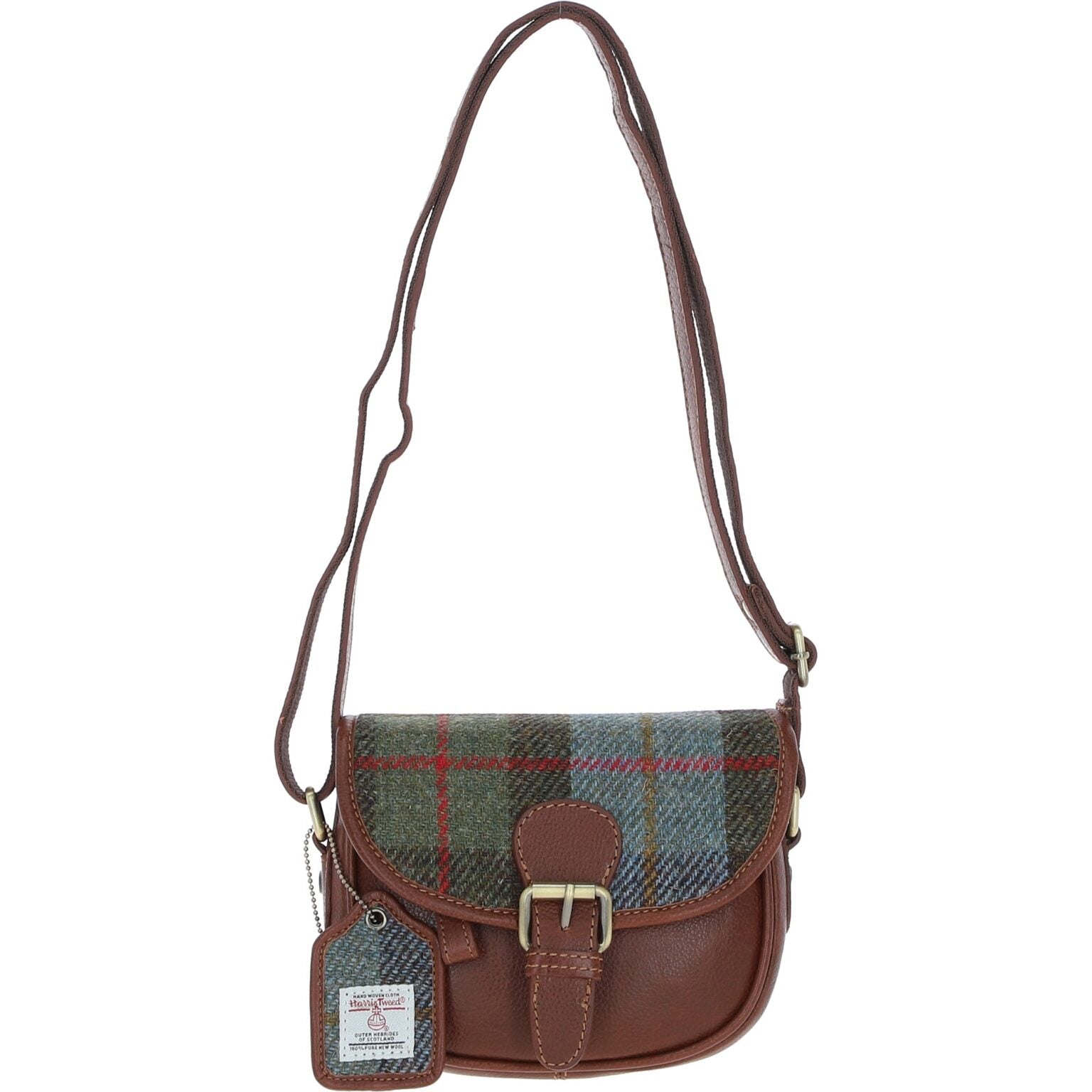 Real Leather Prestwick Small Saddle Bag with Harris Tweed Tan Leather & Green, Brown & Blue MacLeod | Harris Tweed Scotland