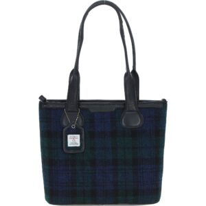 Maidens Black Leather Shoulder Bag with Harris Tweed Black Watch | Harris Tweed Scotland