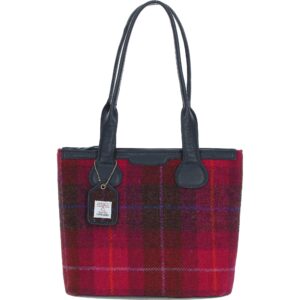 Maidens Navy Leather Shoulder Bag with Harris Tweed Navy & Burgundy Fuschia Fabric | Harris Tweed Scotland