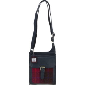 Real Leather Maybole Crossbody Bag with Harris Tweed - Navy Leather and Fuschia | Harris Tweed Scotland
