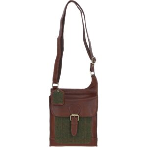 Real Leather Maybole Crossbody Bag with Harris Tweed - Tan Leather & Green Check