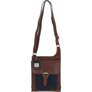 Real Leather Maybole Crossbody Bag with Harris Tweed - Tan Leather and Navy | Harris Tweed Scotland