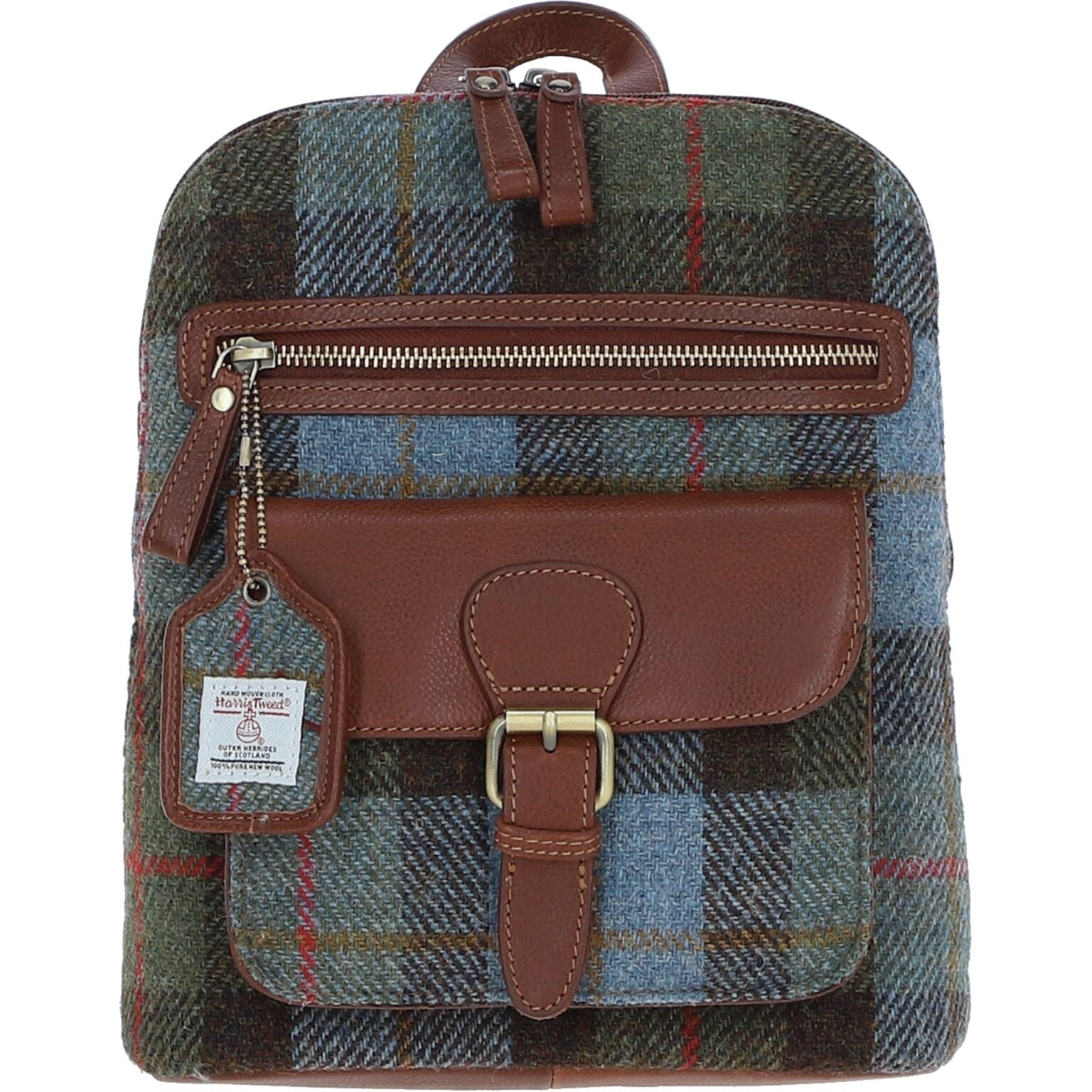 Genuine Leather Ayr Backpack with Harris Tweed Tan Leather & Blue & Green MacLeod Tartan | Harris Tweed Scotland