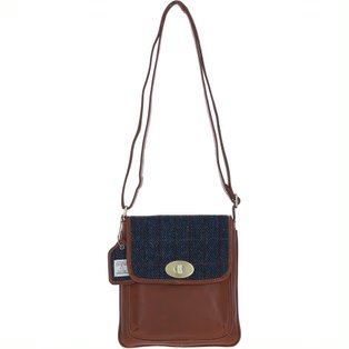 Real Leather Twist Lock Crossbody Bag with Harris Tweed - Tan Leather & Navy