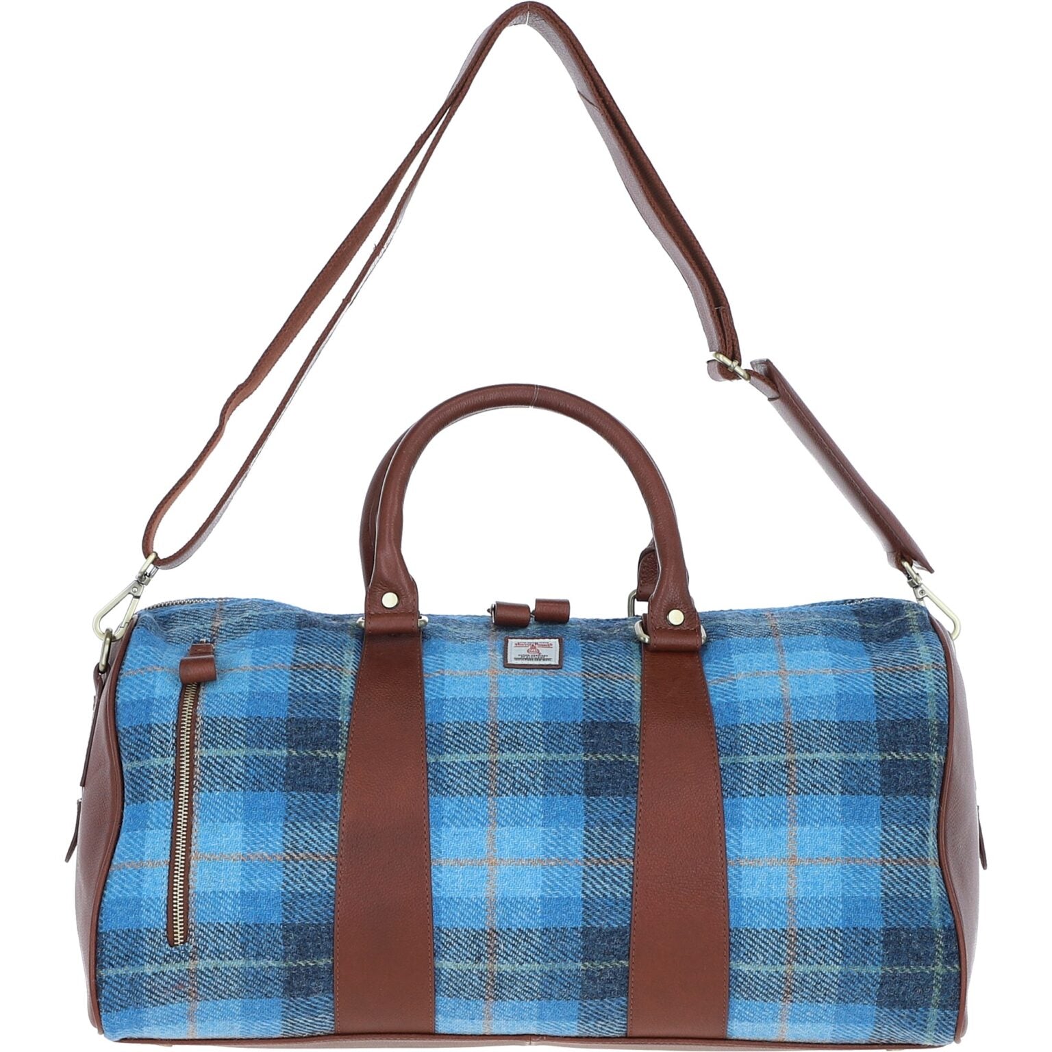 Real Leather Inverness Large Holdall Harris Tweed Tan Leather & Blue Navy Castle Bay | Harris Tweed Scotland