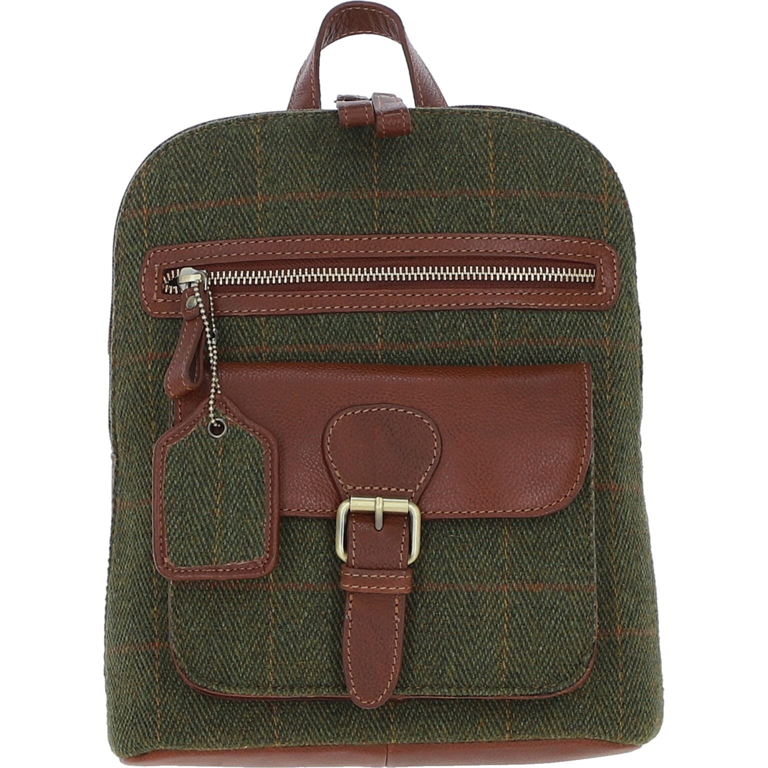 Genuine Leather Ayr Backpack with Harris Tweed Tan Leather and Green Check | Harris Tweed Scotland