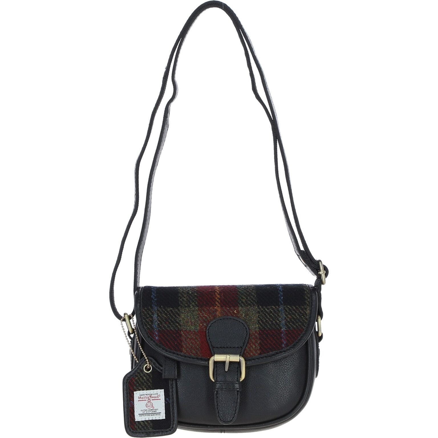 Real Leather Prestwick Small Saddle Bag with Harris Tweed - Black Leather & Green Red