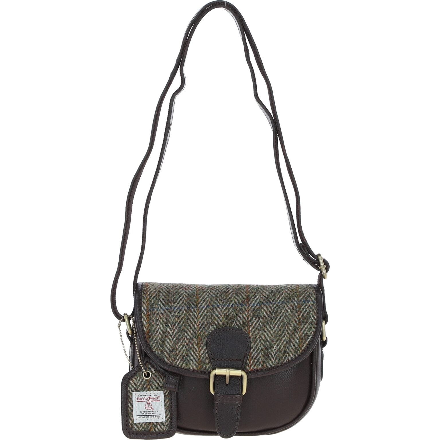 Real Leather Prestwick Small Saddle Bag with Harris Tweed - Brown Leather & Green | Harris Tweed Scotland
