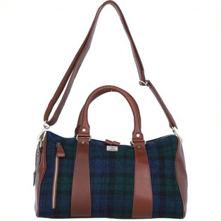 Real Brown Leather Irvine Small Holdall Bag Harris Tweed Black Watch & Navy Blue Check | Harris Tweed Scotland