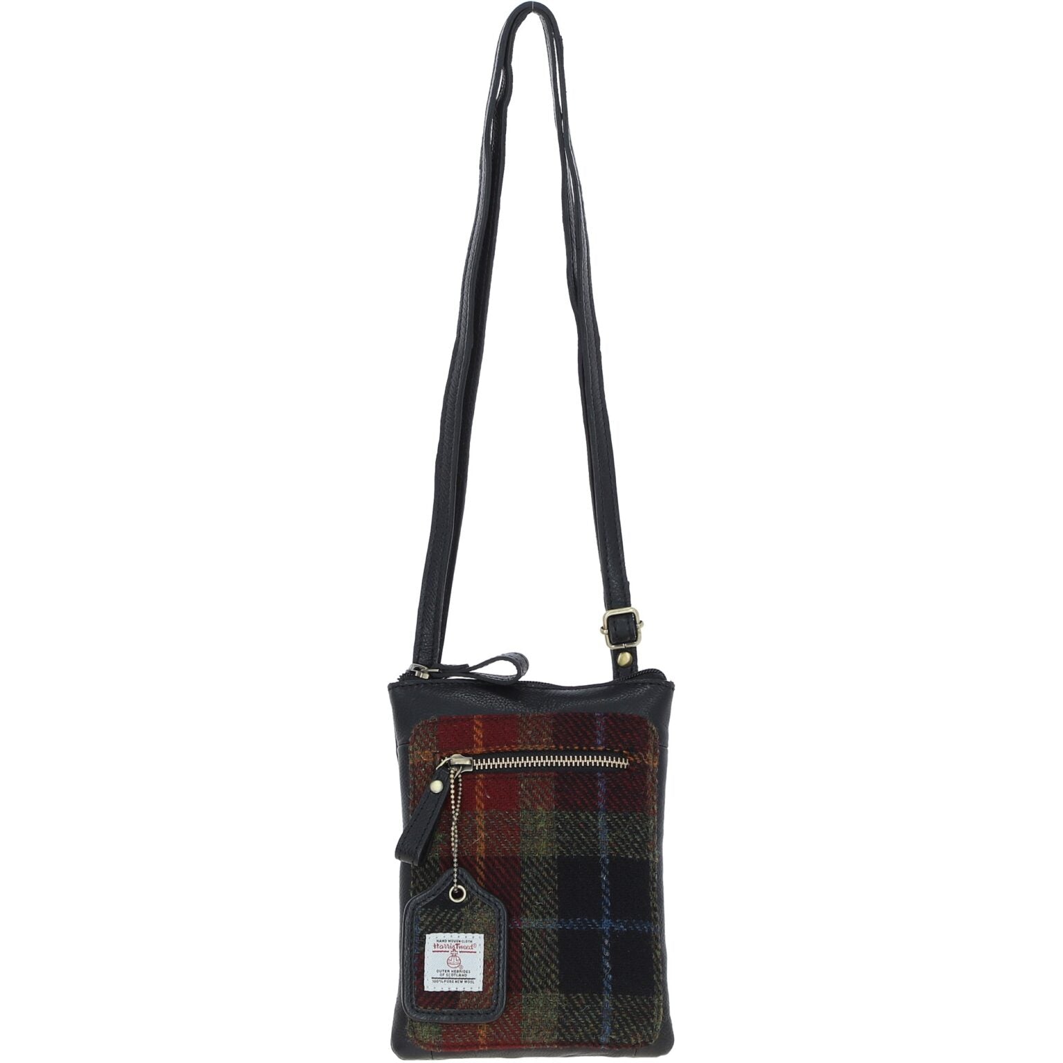 Monkton Black Leather Mini Crossbody Bag with Harris Tweed Green, Burgundy & Navy Blue Fabric | Harris Tweed Scotland