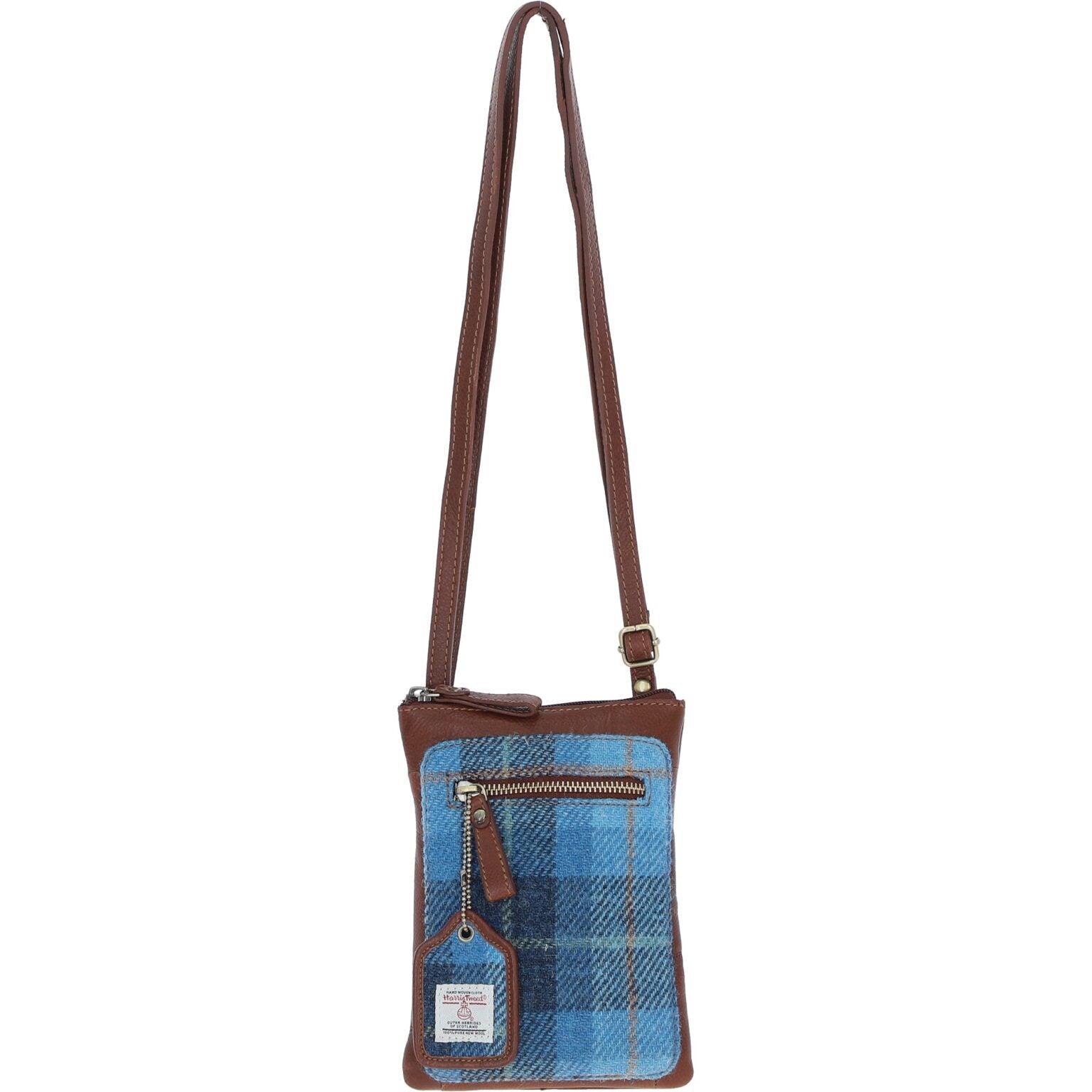 Monkton Tan Leather Mini Crossbody Bag with Harris Tweed Blue Check Fabric | Harris Tweed Scotland