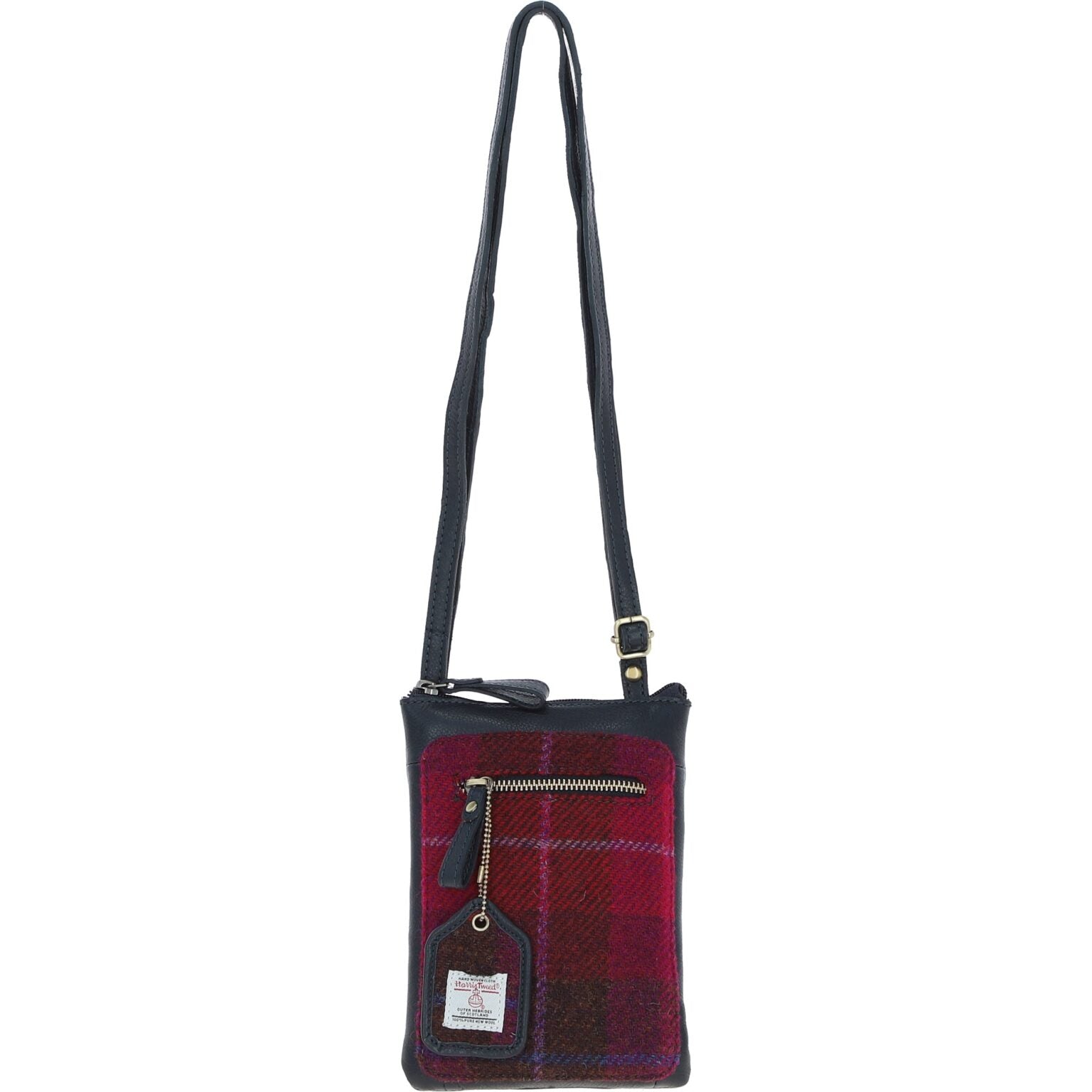 Real Leather Monkton Mini Crossbody Bag with Harris Tweed Navy Leather & Burgundy Fuschia | Harris Tweed Scotland