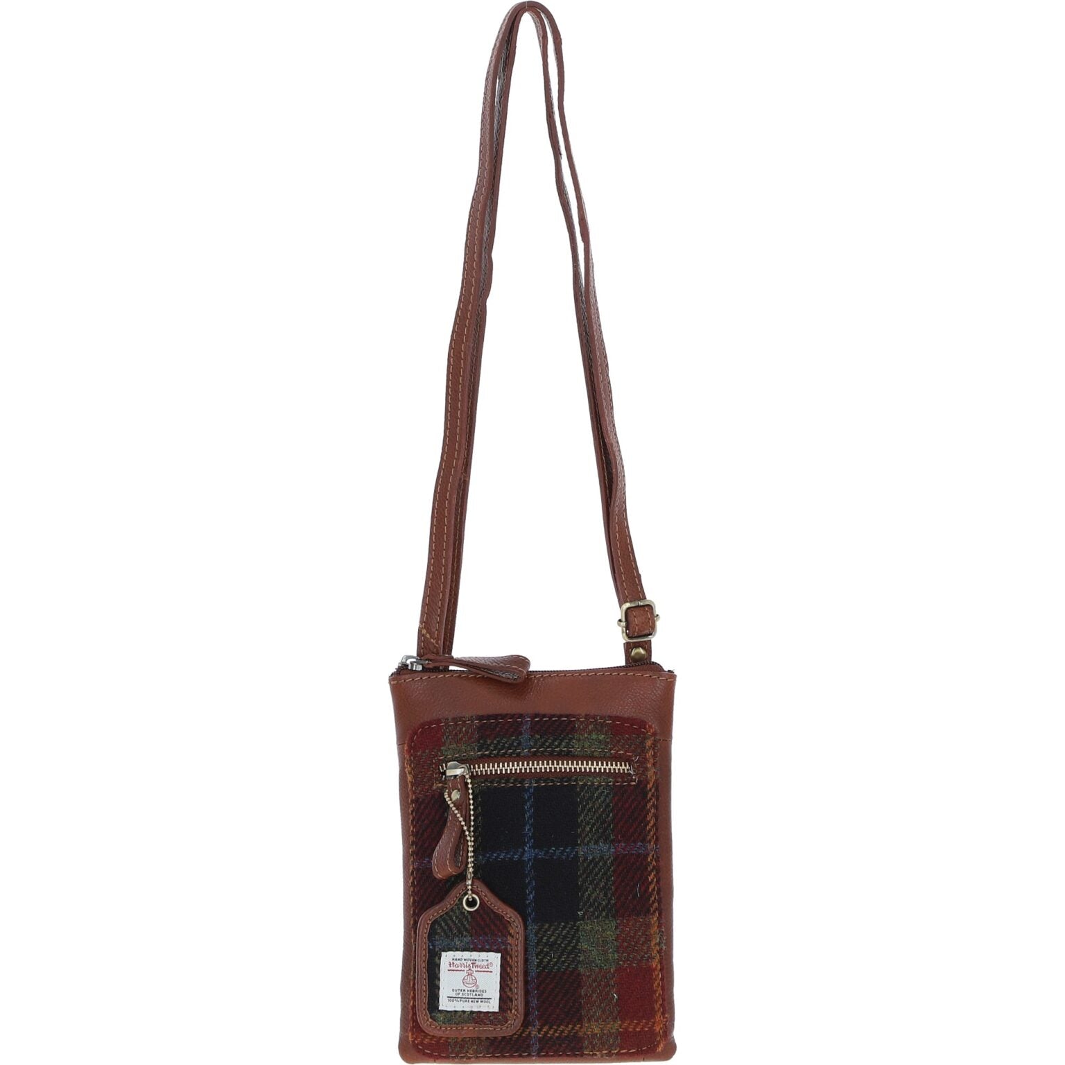 Monkton Tan Leather Mini Crossbody Bag with Harris Tweed Navy Blue & Green Check Fabric | Harris Tweed Scotland
