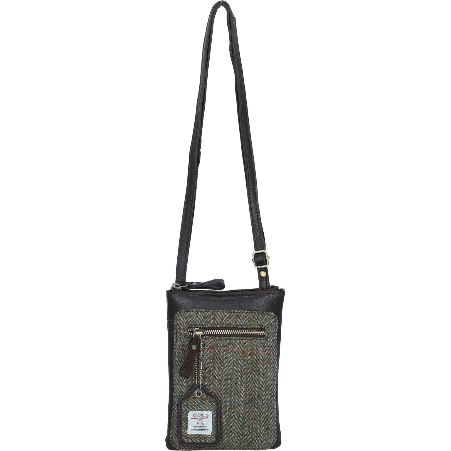 Monkton Brown Leather Mini Crossbody Bag with Harris Tweed Green & Grey Check Fabric | Harris Tweed Scotland