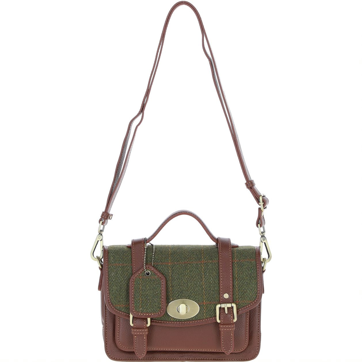 Real Leather Millport Medium Satchel Bag with Brass Twist Lock with Harris Tweed Tan Leather & Green Check | Harris Tweed Scotland