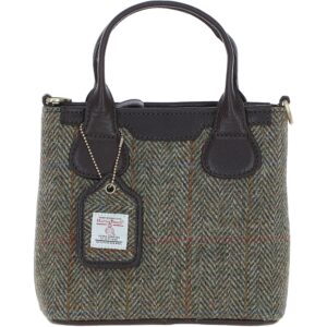 Real Leather with Harris Tweed Troon Mini Handbag with Removable Crossbody Strap Brown Leather & Green | Harris Tweed Scotland