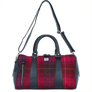 Real Black Leather Irvine Small Holdall Bag Harris Tweed Burgundy & Purple Fuschia Fabric | Harris Tweed Scotland